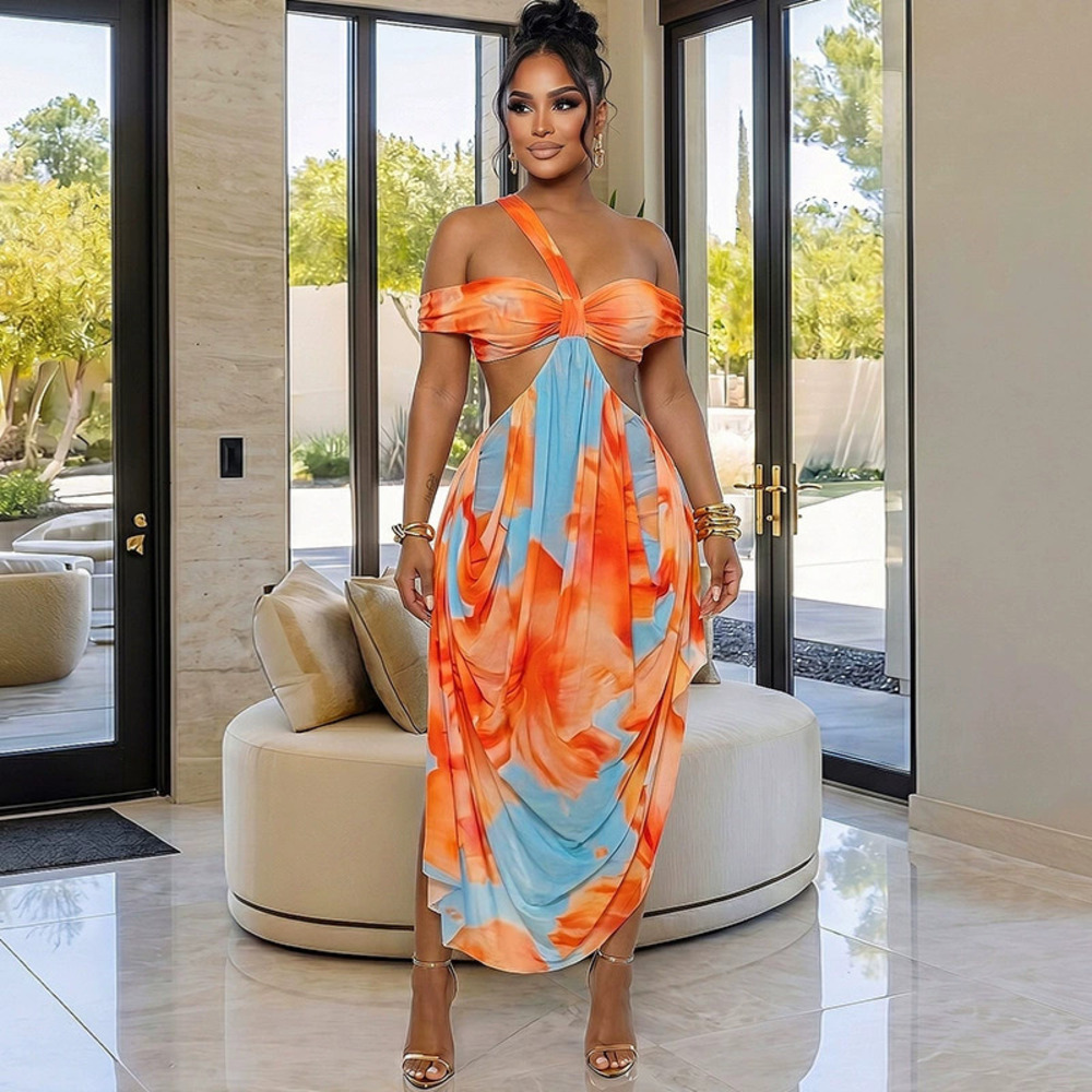 ZARA Summer Print Color Block Tube Bodycon Asymmetric Long Dress Backless